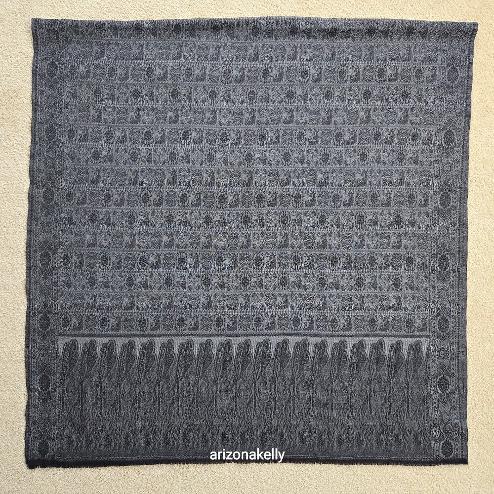 Talbots Wool Scarf Wrap Jacquard Lightweight Black & Grey - Picture 2 of 12